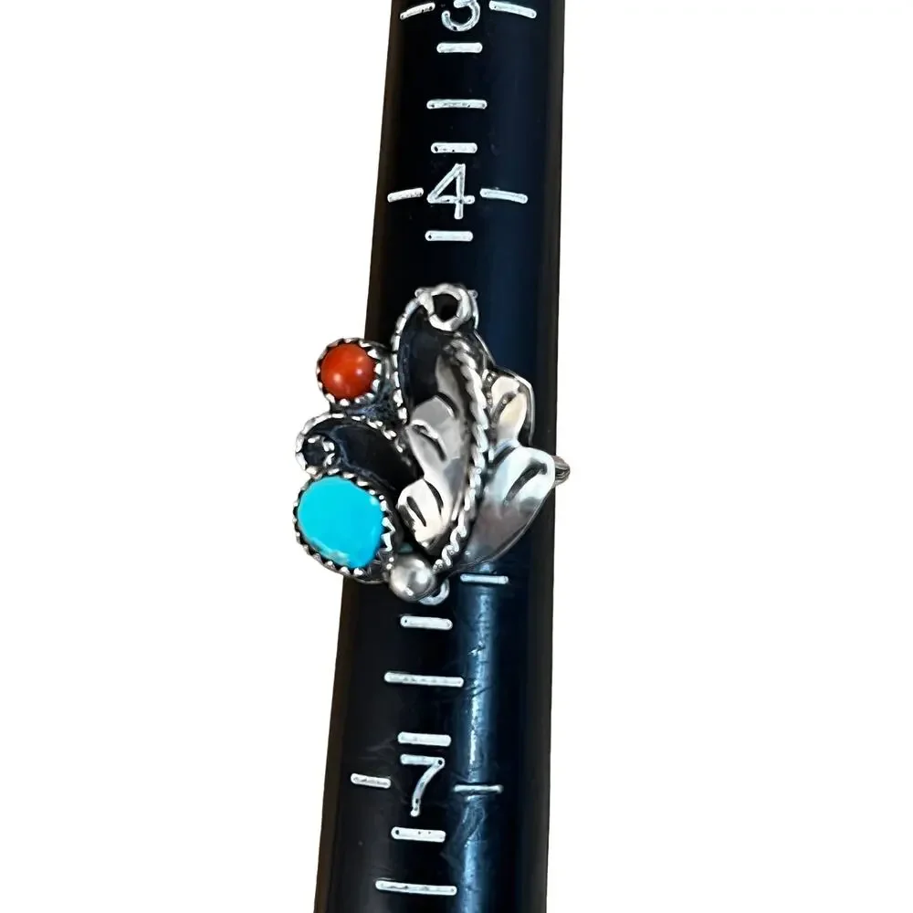 Vintage sterling silver turquoise and coral Native American ring size 5.5 - Picture 4 of 9